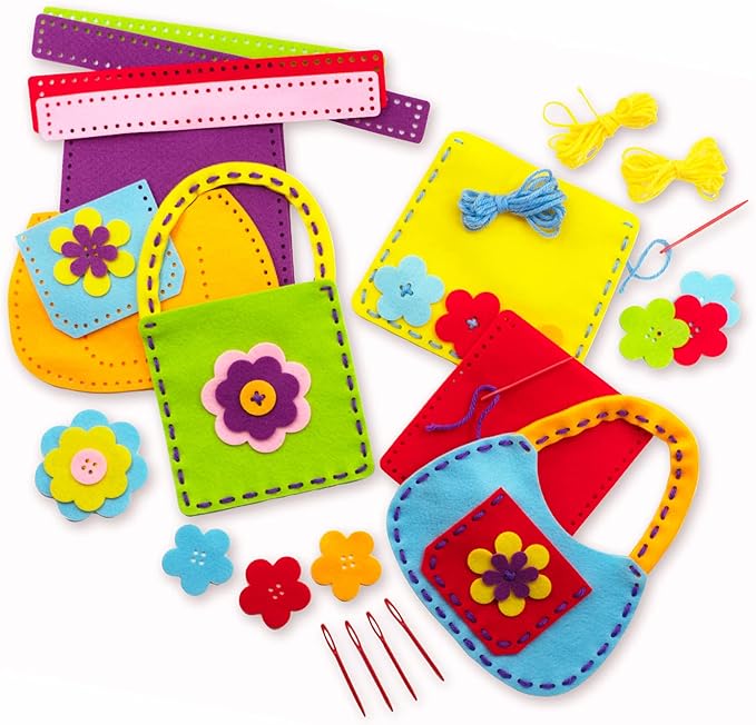 Serabeena Sew Your Own Bags - Sewing Kit for Kids - Felt Crafts for Ages 6-8 Plus - DIY Set Teaches Basic Stitch & Develops Fine Motor Skills - Fun Party Favors or Gifts - 6 Bags & Accessories