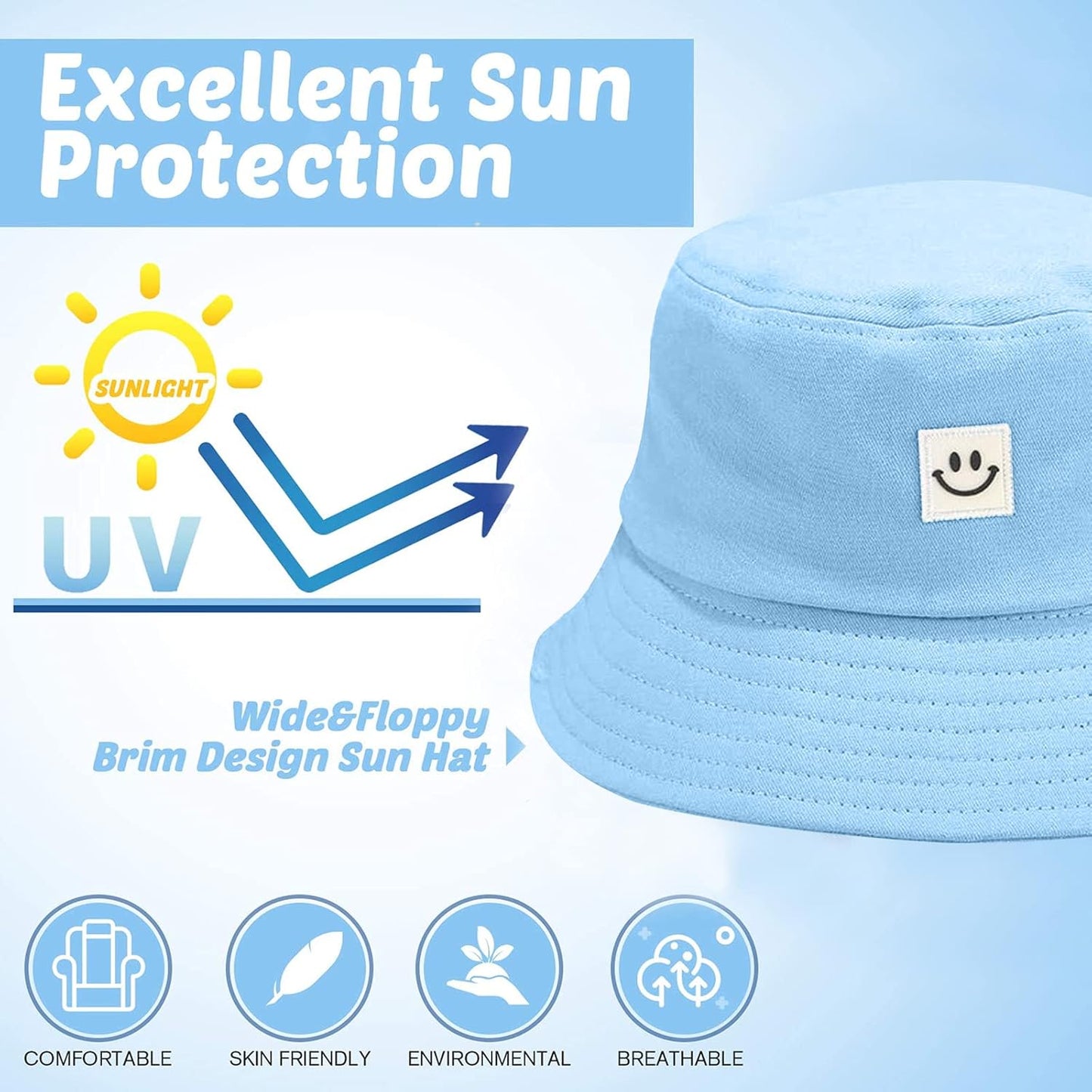 Kids Sun Hat Smile Face Bucket Hat for Girls Boys Summer Sun Protection Cotton Unisex Beach Cap