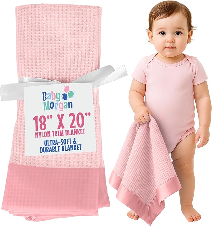 Thermal Waffle Knit Baby Blanket - Soft Breathable Mini Blanket for Newborns and Infants - Toddler Blankey for Strollers, Travel, Naptime, Nursery and More - 18" x 20" (Pink, Nylon Trim)