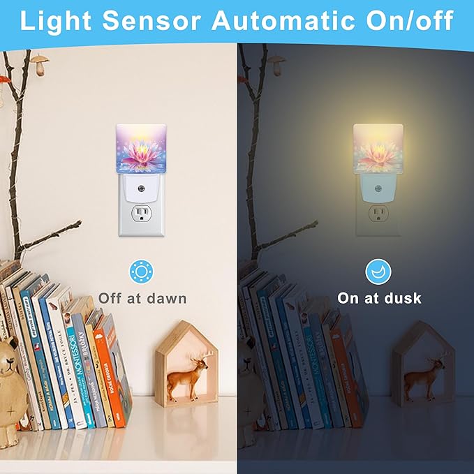 Lotus Pink Light Purple Plug in Night Light with Auto Dusk to Dawn Sensor,Warm Night Lights for Boys Girls Bedroom Bathroom Hallway Kids Room Gifts