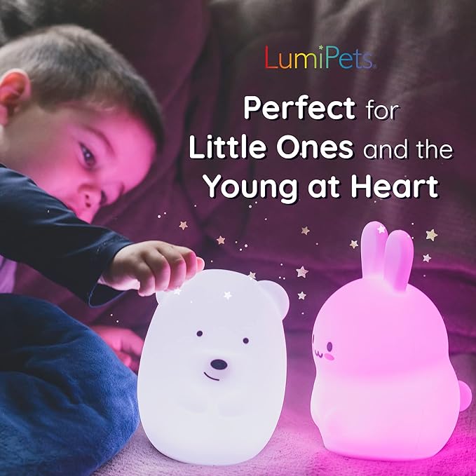 Lumipets Remote Control Silicone Night Light for Kids - Bear Design with 9 Soft Colors & Sleep Timer - Rechargeable, Battery-Operated Lamp for Bedroom | Baby Nursery, Toddler, Girls, Boys