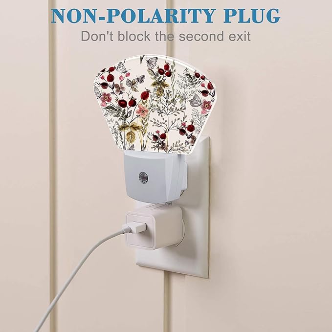 Butterfly Plug in Night Lights, Vintage Flowers Plants Nightlight Plug Into Wall Dusk to Dawn Sensor for Kid Girls Boys Women Men Bedroom, Hallway, Kitchen, Bathroom, Stairs Decor