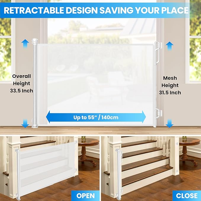 Retractable Safety Baby Gate or Mesh Dog Gate,Durable Portable Mesh Retractable Gate,Easy to Use for Stairs, Doorways, Hallways, Indoor, Outdoor, 33.5" Tall, Extends to 55" Wide,White