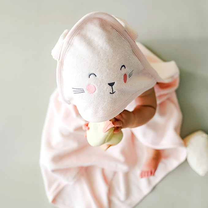 CuddleBug Hooded Baby Bath Towel & Washcloth Set (Bunny) - 100% Cotton Terrycloth Hooded Baby Towels for Newborn & Toddler, Super-Soft & Ultra-Absorbent, Newborn Essentials (30" x 30") - Blush Pink