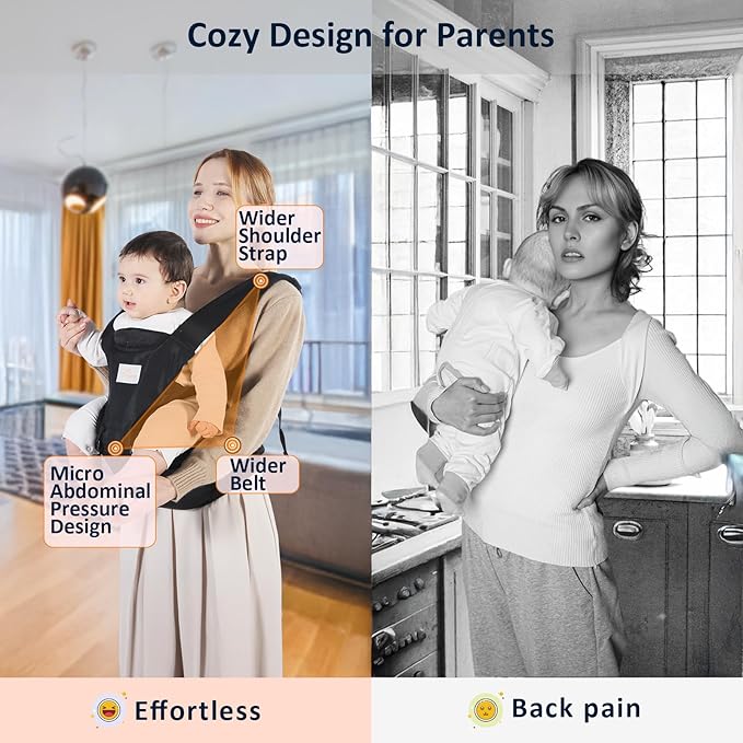 Baby Carrier with Hip Seat, 6-in-1 Baby Carrier Newborn to Toddler, Detachable Hands-Free Infant Carrier, One Size Fits All, All Seasons, Black