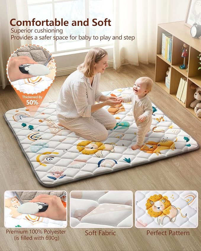 Baby Play Mat 50"x50", Non-Slip Baby Mat for Floor, Soft Thicker Playpen Mat, Portable Playmat, Crawling Mat for Babies, Toddlers & Infants to Play and Learn（Animal）