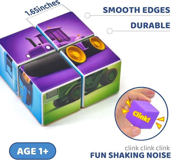 Magnetic Cubes for Toddler, 1.65 inch Large Building Blocks Tiles, Construction Vehicles Puzzles Game for Toddlers, STEM Educational Learning Toys for Boys & Girls Ages 1 2 3