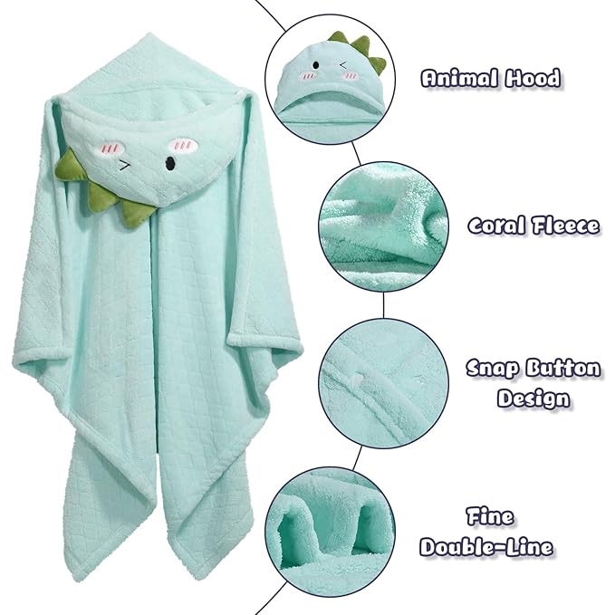 Extra Large Baby Bath Towels Hooded, 50 x 32 Inch Large Toddler Towel with Hood Set, Animal Face Hooded for Kids Boy&Girl, Yellow Tiger & Green Dinosaur