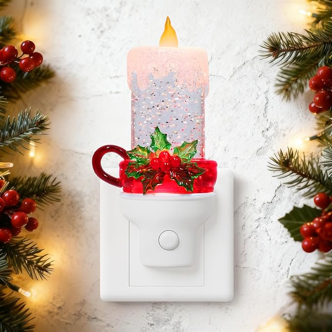 Christmas Candle Night Light Plug into Wall Swirling Glitter USB Portable Christmas Decorative Night Light Decoration for Kids Adults Bedroom Kitchen Living Room Holiday Decor (Candle)
