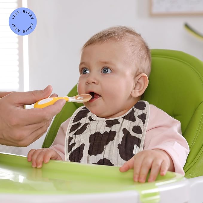 Itzy Ritzy Set of 3 Baby Bibs - Ultra-Soft Adjustable Infant & Toddler Bibs Made of Triple-Layer Cotton Muslin, Ideal for Drooling, Teething, & Eating - 3 Stylish, Coordinating Prints (Cow Print)