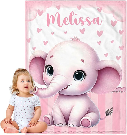Personalized Baby Blanket for Girls, Custom Baby Blanket with Name, Soft Cozy Personalized Name Blankets for Kids, Customized Elephant Blankets for Infant Toddler Birthday Christmas