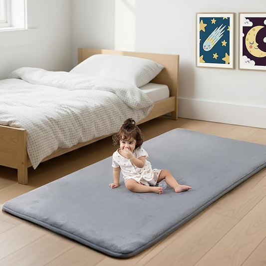 1.3" Thick Baby Bedside Floor Mat for Bedroom, Basic Padded Foam Soft Plush 2x6 Runner Rug with Non Slip Cushioned for Nursery Playroom (Light Grey)