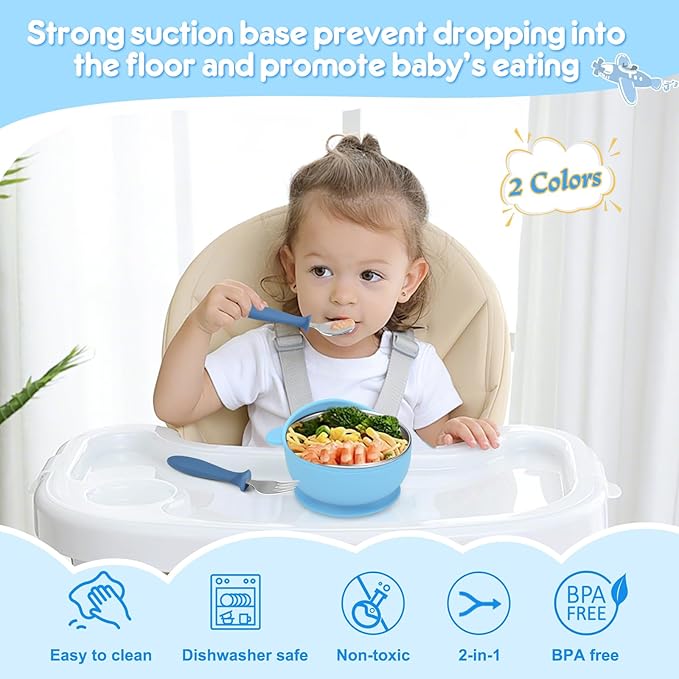 2 Pack Stainless Steel Baby Bowls with Removable Non-Slip Silicone Suction Shell, Anti Scald Food Container for Baby Food Feeding, Forks + Spoons Included-Blue & Pink