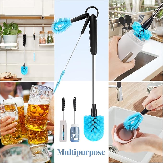 3-in-1 Stainless Steel Cleaning Brush Set, Long Handle for Narrow Neck Bottles, Sport Bottles, Coffee Mugs, Tumblers, Flask
