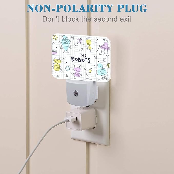 Doodle Cute Robots Night Light for Kids Girls Boys, Funny Robots LED Night Light Plug into Wall with Dusk to Dawn Sensor for Bedroom, Hallway, Kitchen, Bathroom, Stairs Decor