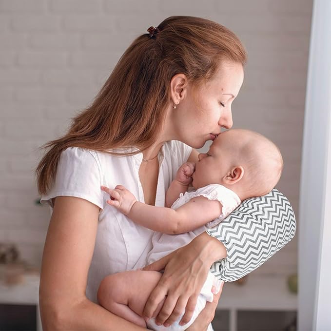 Nursing Arm Pillows for Breastfeeding,Baby Feeding Arm Pillow Portable and Washable for Travel, Soft Cotton Ergonomic Bottle Nursing Essentials（Grey Stripe）