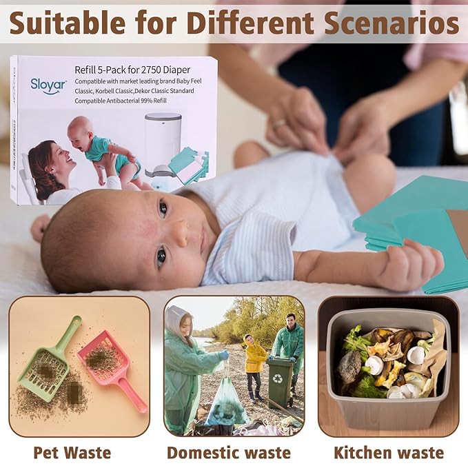 Refill Diaper Pail Bags Compatible with Dekor Classic Diaper Pails | 5 Pack | Diaper Pail Refills with 30% Extra Thickness | Baby Powder Fragrance | Holds up to 2750 Diapers.