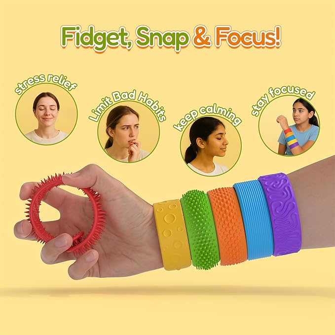 Sensory Fidget Toys Slap Bracelets for Kids, Textured 6 Pack, Stress Fidgets for Anxiety Autism ADHD, Wearable Sensory Toys for Adults Office Desk, Calm Down Travel Airplane Toys