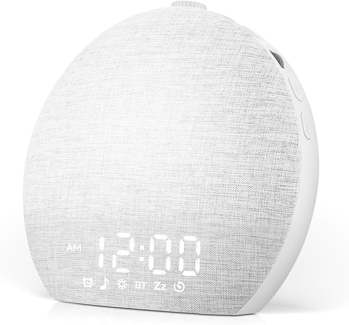 Sunrise Alarm Clock White Noise Sound Machine for Bedroom | Natural Wake-Up Light with 30 Soothing Sleep Aids, Bluetooth Speaker, Dimmable Clock, Screen-Free Design for Baby Adults Kids-White