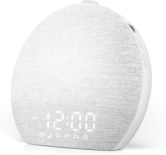 Sunrise Alarm Clock White Noise Sound Machine for Bedroom | Natural Wake-Up Light with 30 Soothing Sleep Aids, Bluetooth Speaker, Dimmable Clock, Screen-Free Design for Baby Adults Kids-White