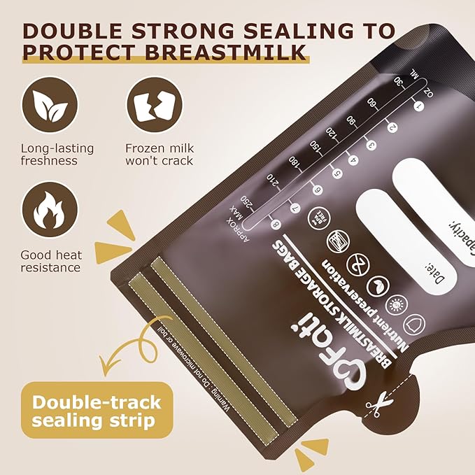 FATI Breastmilk Storage Bags-60 Pcs, 8Oz Blackout Breast Milk Storing Bag with Pour Spout for Baby Bottle Feeding/Breast Pump, No-Leak Milk Freezer Storage Pouches Self-Standing, Baby Essentials