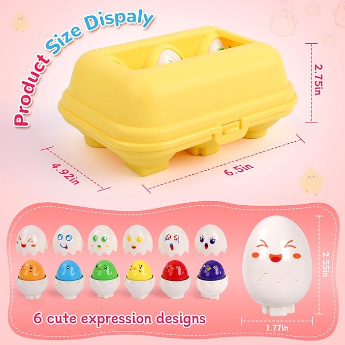 USATDD Egg Toys Hide & Squeak Matching Eggs for Toddlers, Color Recognition Sensory Learning Toys, Fine Motor Skills Montessori Toy for Kids, 6pcs