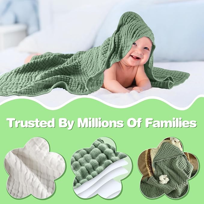MUKIN Baby Hooded Towels, Muslin Cotton, 2-Pack, for Newborn, Infant, Toddler and Kids (White,Dark Green)