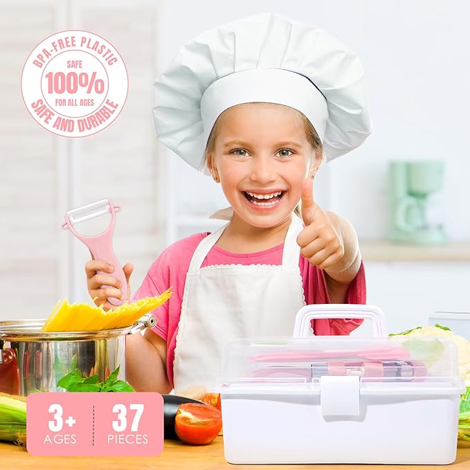 37PCS Kids Cooking Sets Real, Kids Cooking and Baking Gift Set with Storage Case Timer Kid Safe Knives Cutting Board, Toddler Real Kitchen Tools, Birthday Gifts for Girls Boys Age 4 - 8