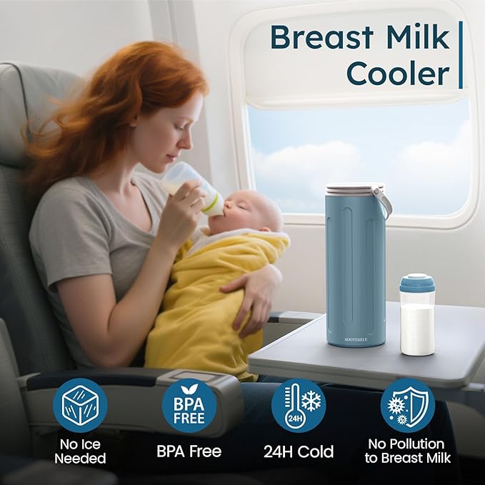 Portable Breast Milk Cooler for Travel, 22oz Large Capacity Breastmilk Chiller for Working Moms, 360° Cooling Keeps Milk Chilled 24 Hours, Includes 2 Baby Bottles, Breastfeeding Essentials