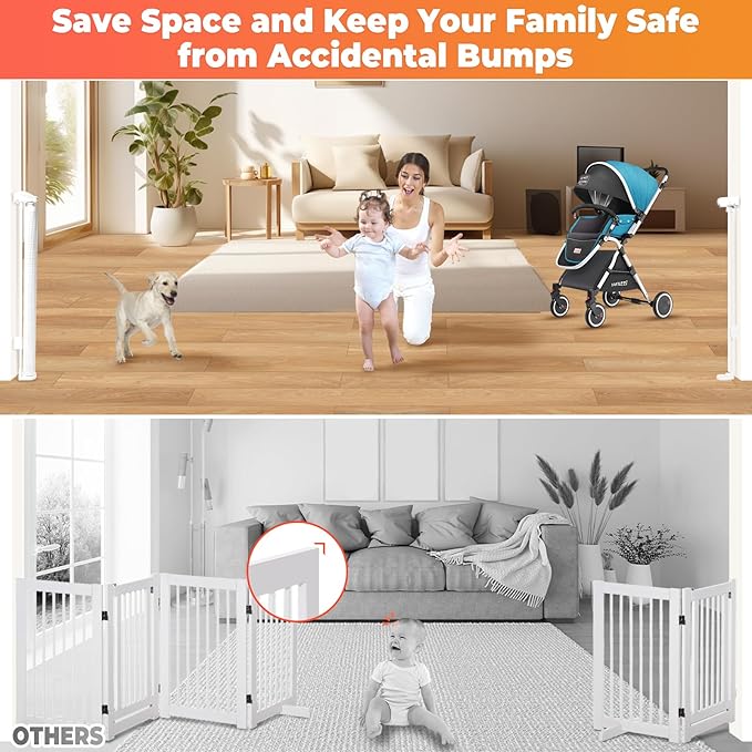 160" Retractable Baby Gates Extra Wide Dog Gate, Long Child Safety Gate, 37" Tall Toddler Pet Gate Mesh Gate with Reinforced Strips for Doorways, Stairs, Hallways, Outdoor & Indoor Large Openings