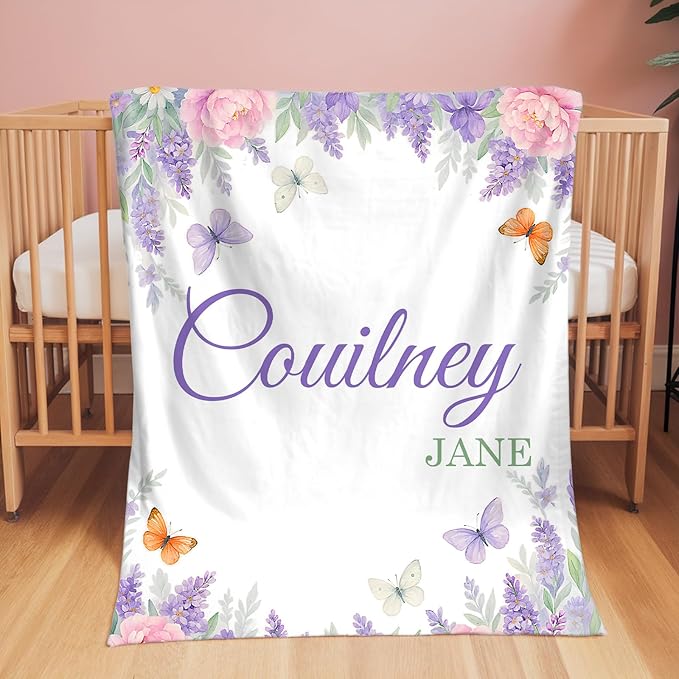 Personalized Baby Blankets for Girls & Boys - Super Soft Easter Blanket with Thick Double-Layer Dotted Backing, Personalized Baby Gifts for Baby Shower from Grandma (Purple-Yellow, Customize Now)