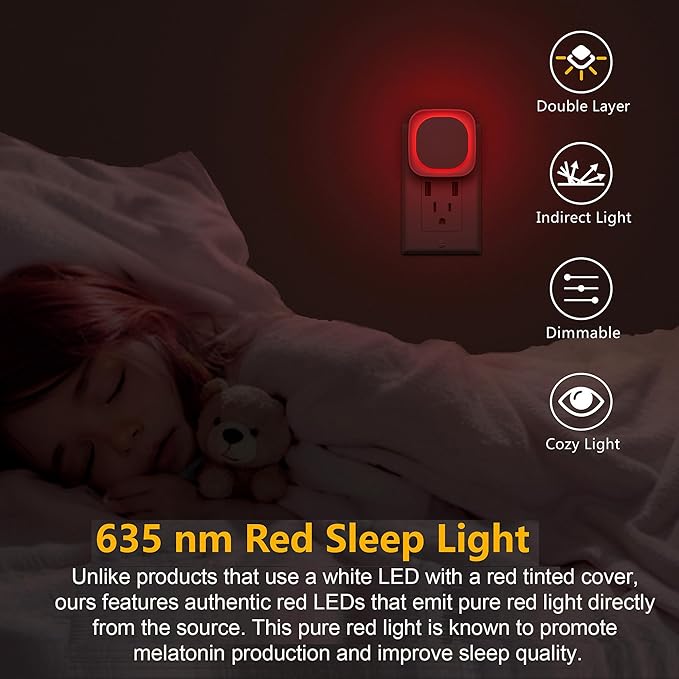 6 Pack Plug in Red Sleep Night Light, Auto Dusk to Dawn, Soft Glow, Dimmable Diffused Light, LED Lights for Bedroom, Sleep, Baby Nursery, Kids, Toddler, Bathroom, Hallway, Home Decor
