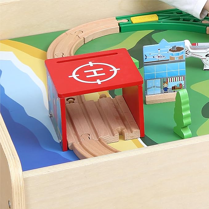 Kid's All-in-One Activity Play Table with 290 Building Bricks and 30-Piece Wooden Train Set Railway,Cars,Track and Accessories for Toddlers Boys and Girls Children's Toy Playset Game Desk