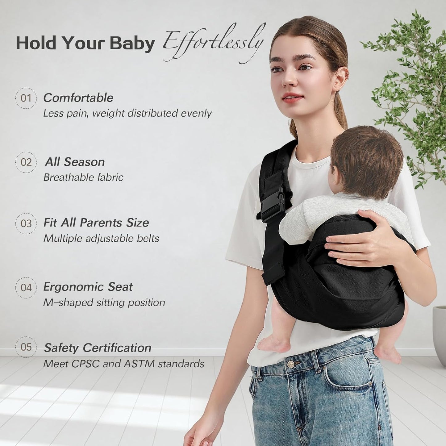 Baby Sling Carrier, Toddler Carrier Sling with Double Safety Buckle and Adjustable Shoulder Strap(7-30lbs), Baby Carriers One Size Fits All, Black