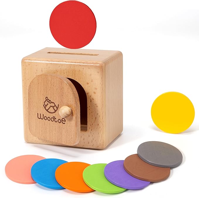 Woodtoe Montessori Coin Box for Toddlers, Montessori Toys for 1 2 3 Year Old, Fine Motor Skills Toys, Wooden Color Sorting Sensory Toy, Object Permanence Learning Matching Travel Game for Boys Girls