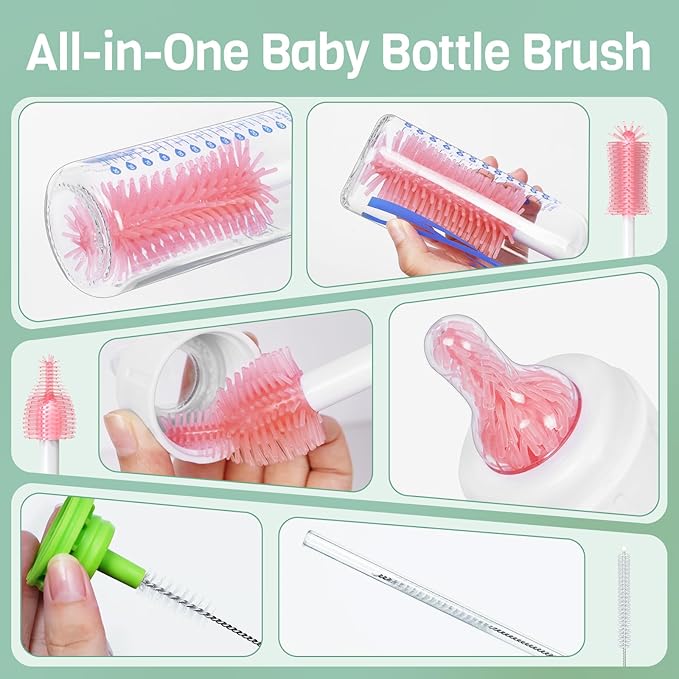 SEANCHEER S02 Electric Bottle Brush Set, Portable Baby Bottle Brush Cleaner, AA Battery-Powered & IPX7 Waterproof, with Silicone Bottle/Nipple/Straw Brush, for Home & Travel (Pink)