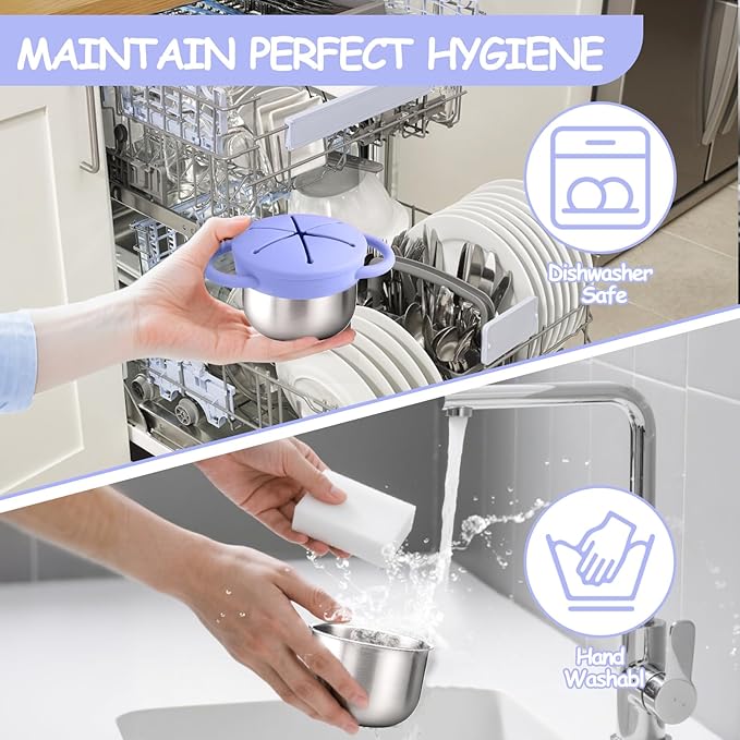 2-Pack Stainless Steel Snack Containers for Kids with Spill-Proof Silicone Lids & Handles - 3-in-1 Baby Snack Cups, No-Spill Toddler Snack Box, Perfect for On-the-Go Healthy Eating（Blue+Purple）