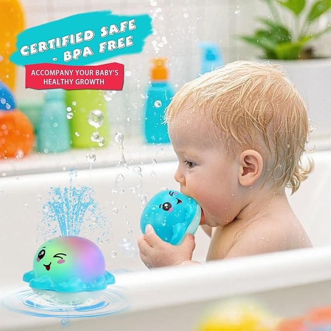 Light Up Bath Toy Sprinkler for Babies, Rechargeable Bathtub Pool Water Toys Baby Gifts for Toddlers, Shower Essentials (Blue Octopu)