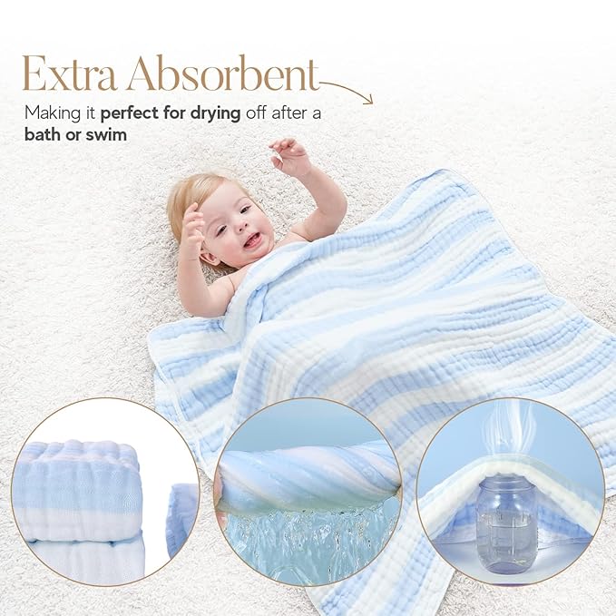 Muslin Hooded Baby Towel 4 Pack, Preuim Muslin 6 Layers Natural Cotton Baby Bath Towels, Soft and Comfortable for Boys,Girls (32 x 32, Blue Striped and White)