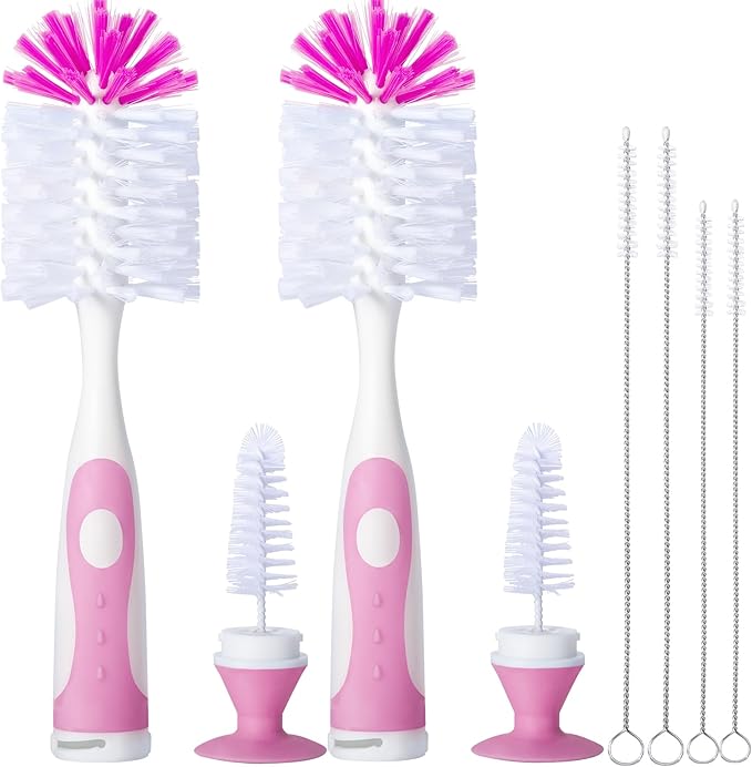 2 Pack Baby Bottle Brush with 4 Pack Straw Brushes, 10.2" Nylon Brushe with Nipple Cleaner and Stand Suction Cup, Pink