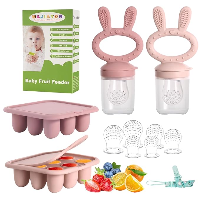WAJIAYON Baby Breastmilk Popsicle Molds & Baby Fruit Feeder (4 Pack), Infant Food Freezer Tray Storage Containers, Silicone Teething Pacifier Feeder and Teether for Babies（Pink&Purple）
