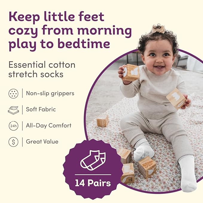 Fruit of the Loom Baby 14-Pack Grow & Fit Flex Zones Cotton Stretch Socks - Unisex, Girls, Boys