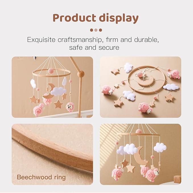 Baby Mobile for Crib, Montessori Baby Crib Mobile for Boys Girls for Bassinet, Nursery Decor for Infant Bedroom Hanging, Baby Mobile Soothe Toys - Gender Neutral Baby Gift (Pink)