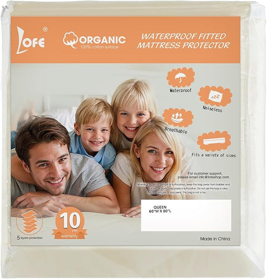 Lofe Organic Cotton Queen Mattres Protectors - Top&Side 100% Waterproof Mattress Protectors, Breathable Organic Mattress Protector, Noiseless Queen Mattress Protector Waterproof 80x60x17 in
