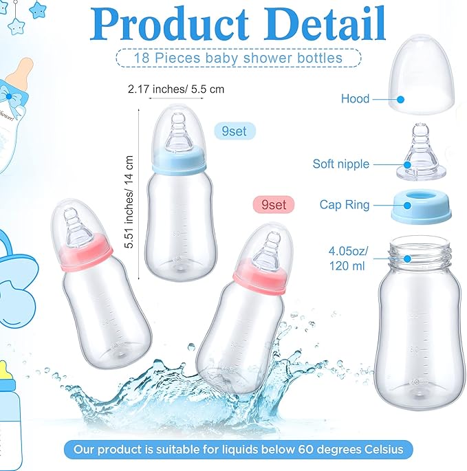 Roowest Bottle Chug Baby Shower Games Sets Including 18 Pcs Feeding Bottles with 1 Bottle Chug Wooden Sign for Gender Reveal Baby Shower Party Supplies(Pink, Blue,Eucalyptus)