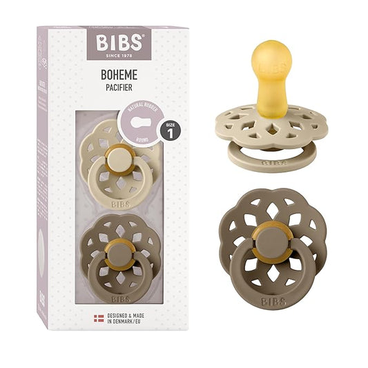 BIBS Pacifiers - Boheme Collection | BPA-Free Baby Pacifier | Made in Denmark | Set of 2 Vanilla/Dark Oak Color Premium Soothers | Size 0-6 Months