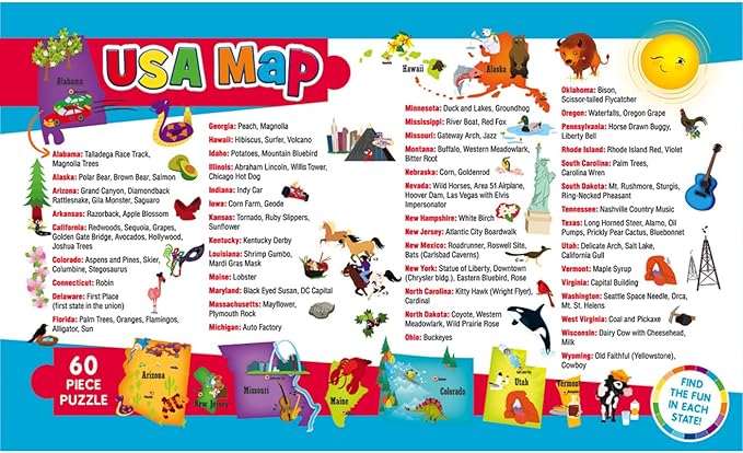 MasterPieces 60 Piece Educational Jigsaw Puzzle for Kids - USA Map State Shaped - 16.5"x12.75"