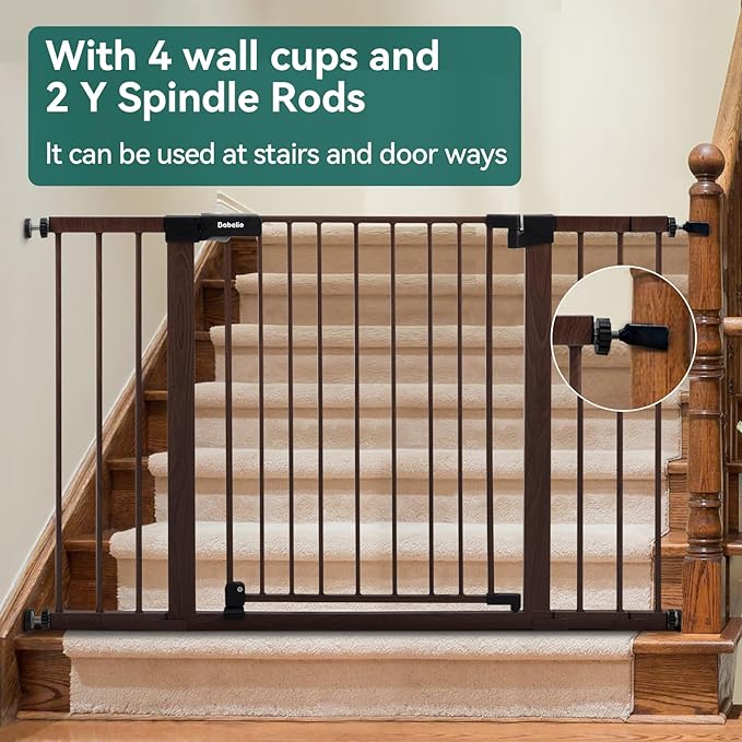 BABELIO Baby Gate with Black Wood Pattern, 29-48 Inch Auto Close Dog Gate PressGuard P7 for The House, Stairs and Doorways, Pressure Mounted Pet Gate with Door and Y Spindle Rods