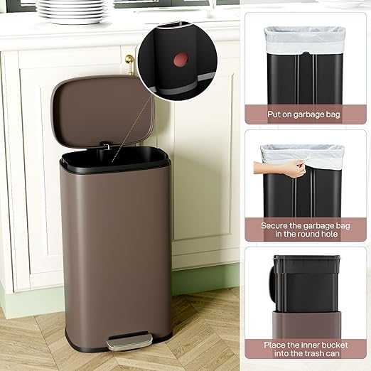 Arlopu 8 Gallon Step Trash Can, Stainless Steel Garbage Bin, Soft-Close Rubbish Bin with Removable Plastic Inner Bucket, Fingerprint-Proof, Lid Dustbin, Suit for Kitchen Home (Brown, 30L)