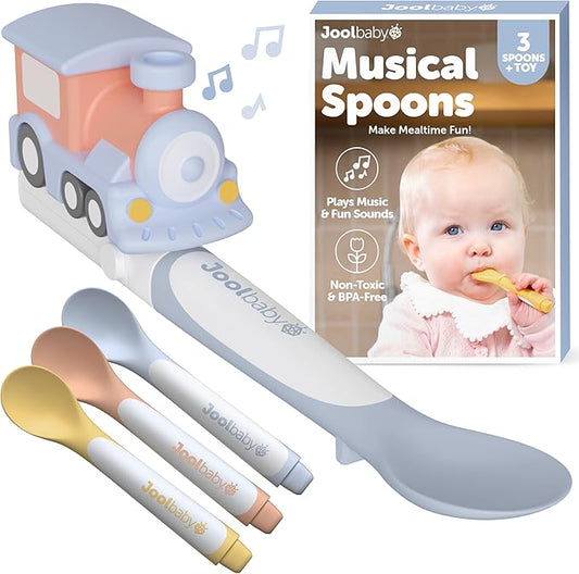 Jool Baby Musical Baby Spoons, 3 Spoons + Train with Fun Sounds - Multi-Stage Spoon for Infant Feeding & Training Babies 6+ Months to Self-Feed